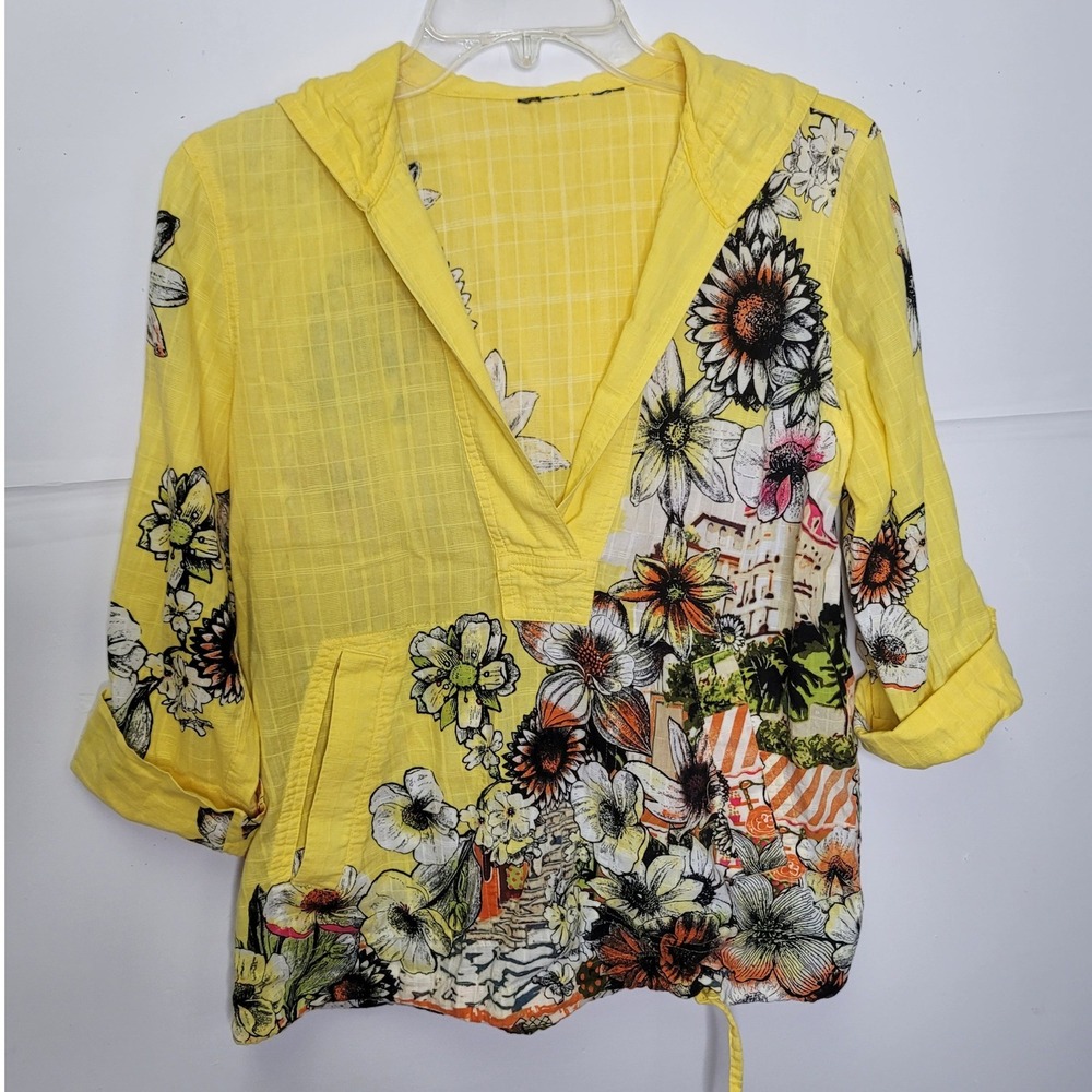 Chico's Hooded Pullover S Yellow Floral Scenic Roll Tab 3/4 Sleeves Summer Vacay